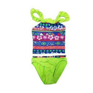 Candy Girl Swim Neon Green Colorful Floral 2 Piece Swimsuit Size 4/5